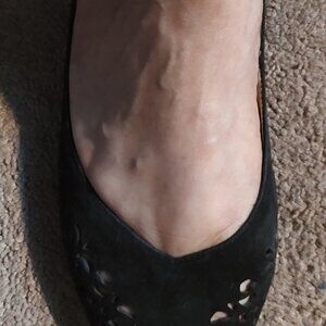 Women's size 12W "Franco Sarto" Filigree Black Faux Suede Flats...pre-owned.